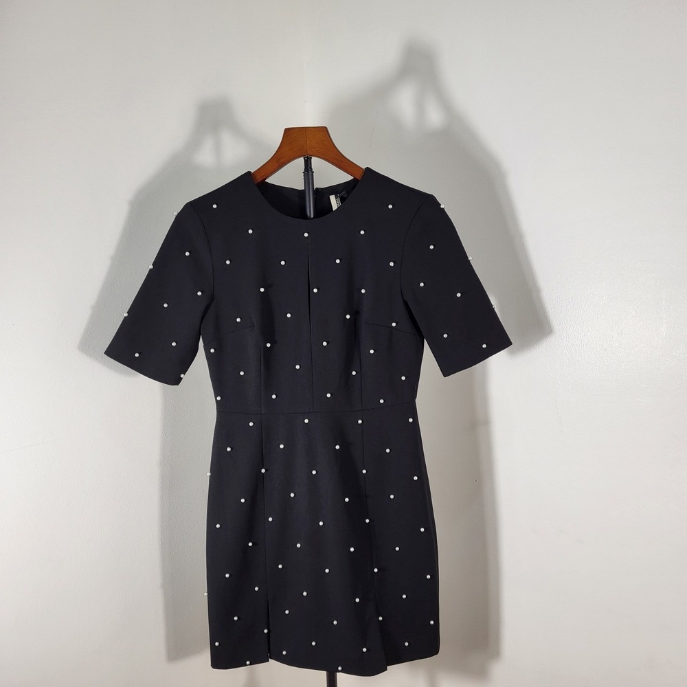 Topshop Black Faux Pearl Embellished Mini Dress Short Sleeve Size US 4 35E08IBLK